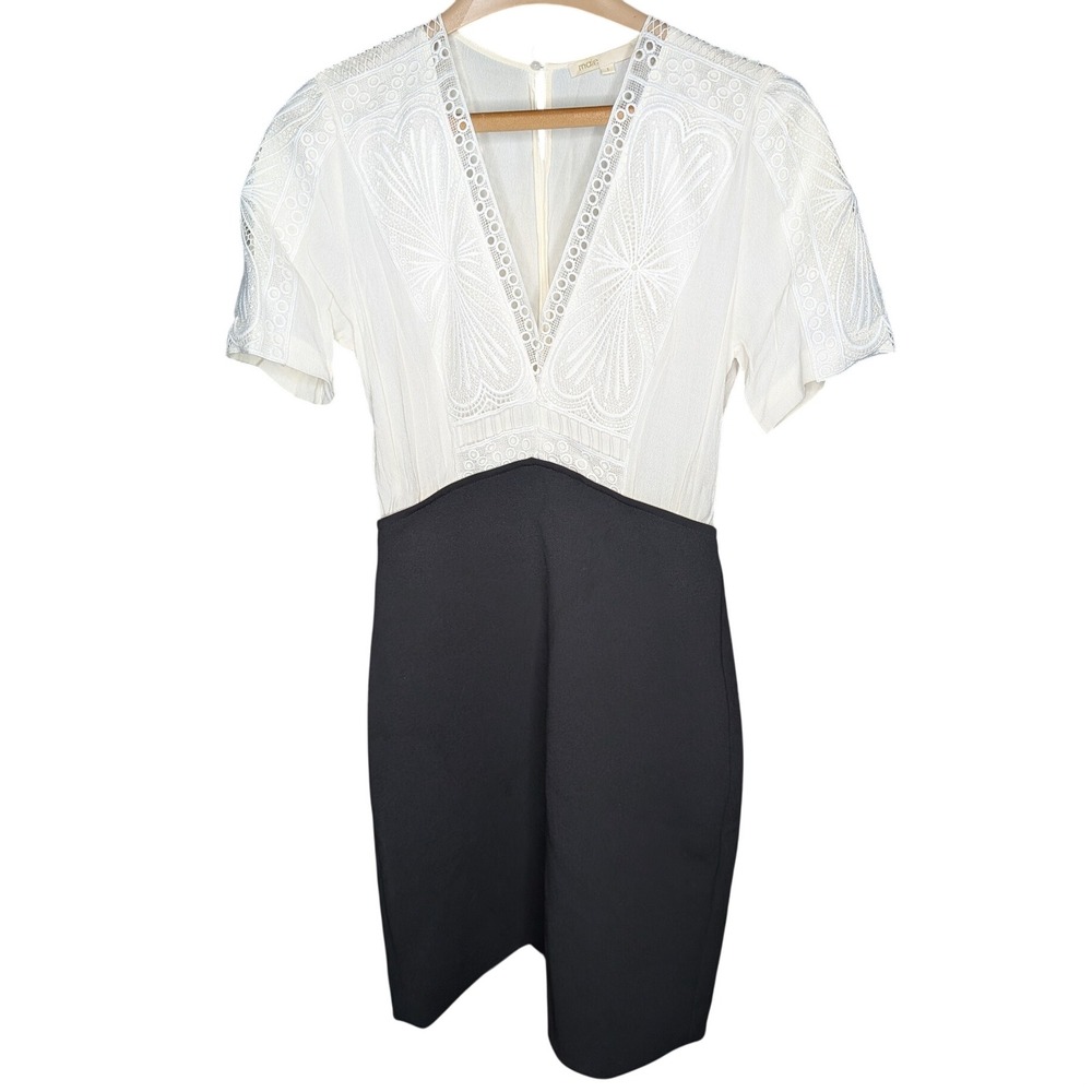 Maje Ravelle Contrast Dress White Black Lace Trim V Neck Midi Size 1 E19RAVELLE